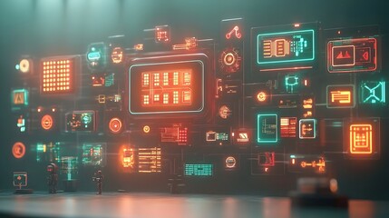 Poster - Sleek digital backdrop with streamlined geometric forms transparent data displays and futuristic cyberpunk inspired visual elements  Cinematic lighting and high tech sheen create a modern minimalist