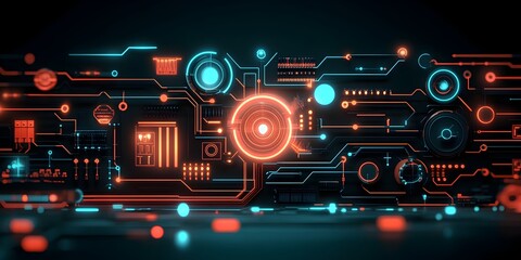 Poster - Captivating abstract digital background featuring futuristic circuitry and luminescent data flows traversing intricate fractal like electrical patterns