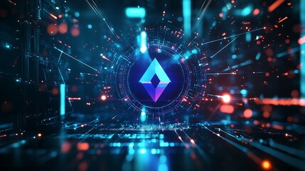 Poster - Abstract futuristic background with a glowing blue and pink diamond shape in the center.
