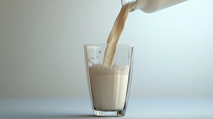 A refreshing glass of milk being poured, capturing the creamy texture and bubbly foam.