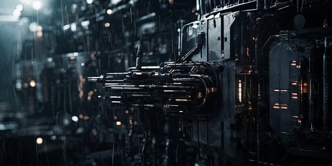 Poster - A futuristic cityscape with a large, metallic object in the foreground