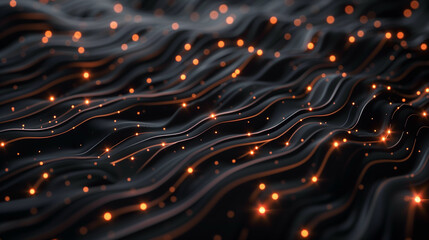 Fototapete - abstract technology background with glowing circuit lines on smooth black folds, digital backdrop cyber tech wallpaper 
