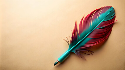 Crimson Quill: A vibrant teal and crimson feather pen rests elegantly on a warm beige background, inviting creativity and inspiring artistic expression.  