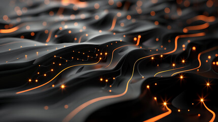 Poster - abstract technology background with glowing circuit lines on smooth black folds, digital backdrop cyber tech wallpaper 