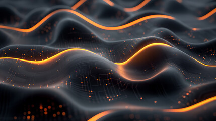 Poster - abstract technology background with glowing circuit lines on smooth black folds, digital backdrop cyber tech wallpaper 