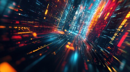 Poster - A vibrant digital landscape depicting data streams and neon lights.