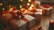 © MINTED VasitChaya - Close-up of wrapped Christmas presents with festive bows and ribbons under a beautifully lit tree.