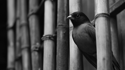 Canvas Print - Black Bird Perched on Bamboo