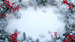 © HaJung - 3D Snowflakes and Holly Wreath Border with Copy Space for Winter Holiday Designs | Festive Banner Template with Clear Text Area