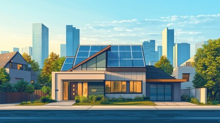 Canvas Print - Modern house with solar panels on the roof in a city setting.