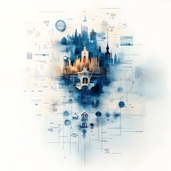 Poster - This captivating digital delves into the intricate nexus of finance  data analysis  and visionary expression  Blending futuristic architecture  symbolic patterns  and a striking monochromatic palette