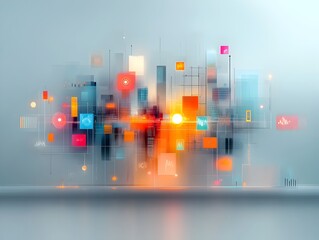 Poster - Intricate digital composition with transparent geometric planes overlapping data visualizations and dynamic energy flows conveying the complex networks of modern technology in a cityscape at night