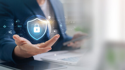 Aufkleber - Cybersecurity and digital data protection, Business professional presenting a digital shield icon representing cybersecurity and data protection, surrounded by secure login and encryption symbols.