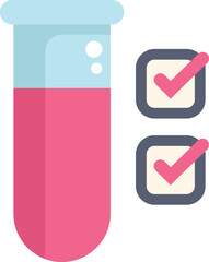 Poster - Medical test tube containing a blood sample passing quality control, represented by two checkmark symbols