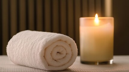 Wall Mural - Rolled White Towel and a Burning Candle on a Table