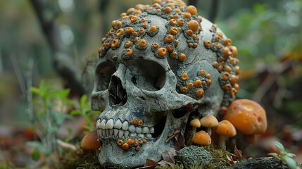 Wall Mural - Human Skull Covered in Fungi and Mushrooms in a Forest