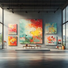 Poster - Bright and open 3D studio space featuring abstract expressionist painted wall panels  bare concrete floor  product showcase stand