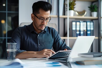 Man works in office with laptop, papers. Professional businessman sits at desk in well-lit space. Focused on computer screen, studying financial data, making business decisions. Cluttered desk with