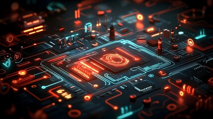 Poster - Captivating futuristic digital landscape featuring glowing cyberpunk inspired neon circuits intricate electrical patterns luminous data streams and abstract geometric forms