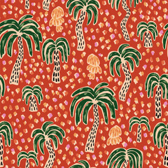 abstract hand drawn palm tree and safari animal skin seamless pattern. cute silhouettes tropical coc