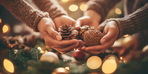 Wall Mural - Two people holding pinecones and handmade Christmas baubles while decorating a tree, with glowing festive lights in the background, selective focus

