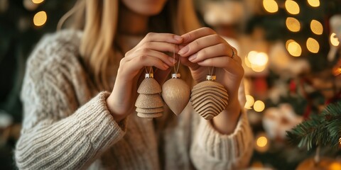 Wall Mural - A woman holding two handmade wooden Christmas ornaments, ready to decorate a tree, with glowing holiday lights creating a warm festive atmosphere, selective focus

