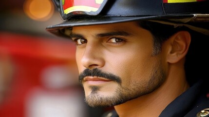 A firefighter, confident and focused, stands in his uniform, embodying the spirit of dedication during a training drill at his station. His expression reflects the commitment to his vital role