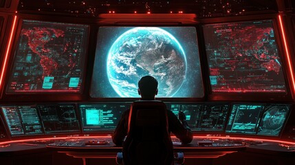 Poster - A lone figure sits in a high-tech command center, surrounded by illuminated screens displaying data and monitoring Earth, presenting a striking view of the planet against a dark backdrop
