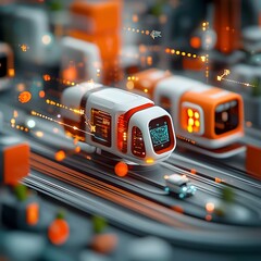 Poster - Experimental abstract image depicting the bustling rhythm of a futuristic smart transit nexus with levitating transport pods holographic wayfinding systems gleaming modular architecture