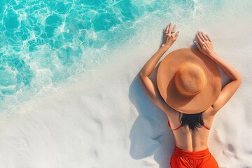 A woman enjoys a summer holiday at the beach, wearing a stylish hat and swimwear, relaxed on the soft sand