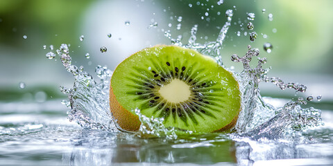 Fresh Kiwi Fruit with Water Splash on Sunny Day