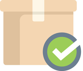 Poster - simple vector illustration of a cardboard box with a green check mark symbol, representing a confirm