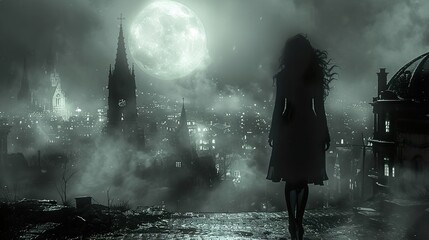 Wall Mural - Silhouette of a Woman in a Foggy Cityscape Under a Full Moon