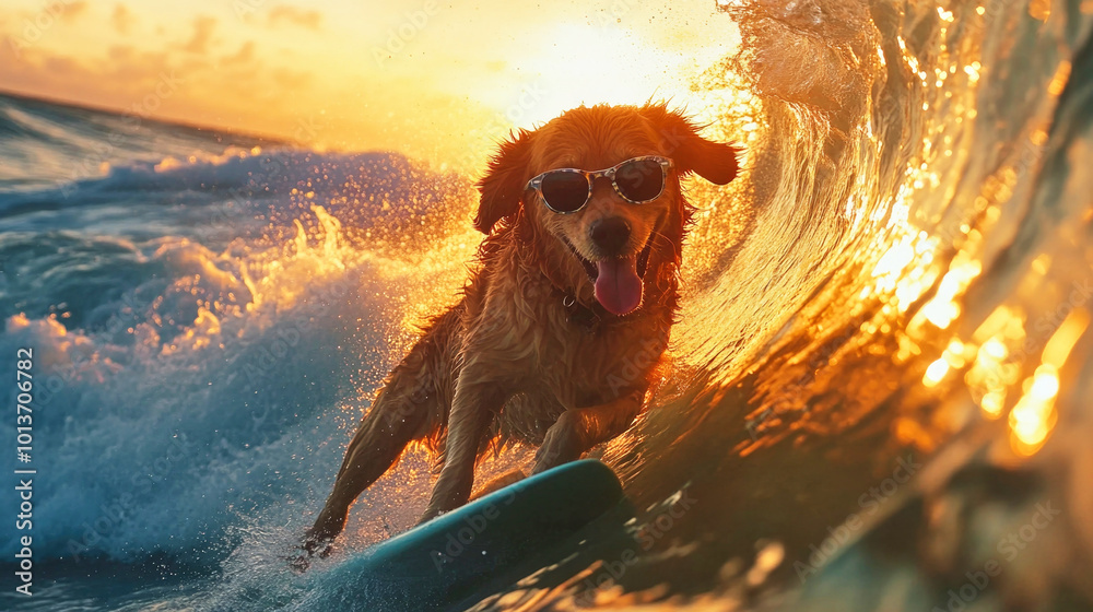 Golden retriever dog surfs massive wave at sunset wearing cool ...