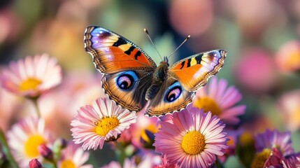 Wall Mural - A colorful peacock butterfly with its wings open perched on a cluster of pink flowers.