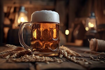 Beer in glasses on a wooden board on a Large mug of cold Beer with white foam. Isolated on a black background with copy space.