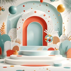 Poster - Minimalist 3D studio environment featuring a patterned geometric wall and floor an empty product podium and directional window light casting dynamic shadows