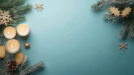 Wall Mural - Joyful Christmas Banner with Candles and Evergreen Foliage