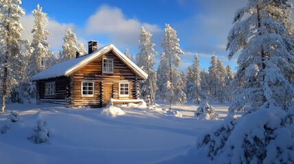 Wall Mural - A cozy wooden cabin nestled in a snowy forest with tall pine trees and a blue sky above. The cabin has a snow-covered roof and a wooden door.