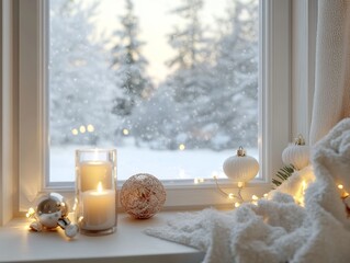 This image captures a cozy winter window scene featuring snow outside, warm candles, and festive ornaments, creating a serene holiday atmosphere.