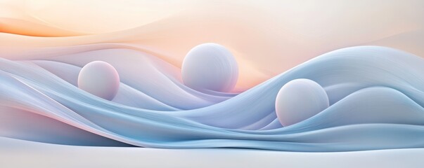 Poster - Serene abstract landscape with smooth pastel waves and spheres, calm atmosphere concept