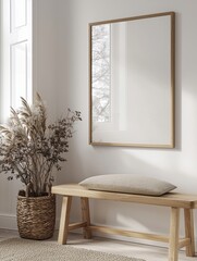 Poster - A wooden bench with a cushion sits beside a basket of dried plants in a bright, minimalist room with large windows and natural light.