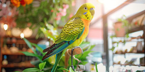 A colorful parakeet perched on a wooden perch in a pet store, its bright yellow and green feathers on display.