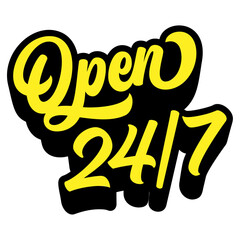 Poster - Words ‘Open 24/7’ written in retro groovy three-dimensional script lettering