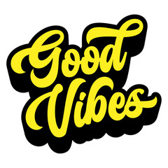 Poster - Words ‘Good Vibes’ written in retro groovy three-dimensional script lettering