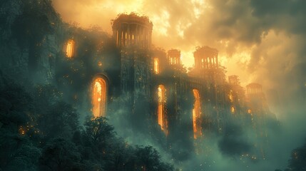 Canvas Print - Mystical Ruins: A Forgotten Fortress in the Mist