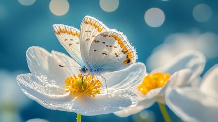 Wall Mural - A delicate white butterfly with orange spots perches on a white flower with yellow center, against a blue and bokeh background.