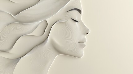 Fototapete - Soft, flowing lines define a minimalist female face, emphasizing beauty and serenity through abstract art in gentle, muted colors. Generative AI