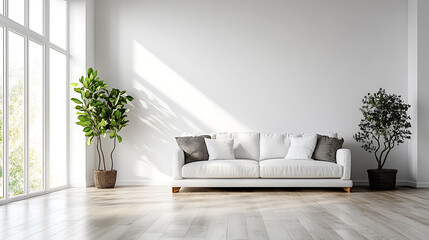 A white couch sits in a bright living room with two plants and a large window.