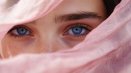 Poster - A girl gazes thoughtfully through delicate pink fabric, her striking blue eyes reflecting a moment of quiet beauty at dusk. Generative AI